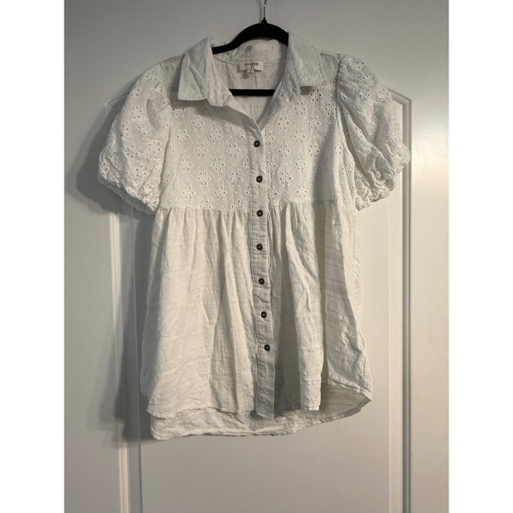 Umgee Tops - Umgee Eyelet Babydoll Top M White Puff Sleeve Button Front Boho Festival Airy